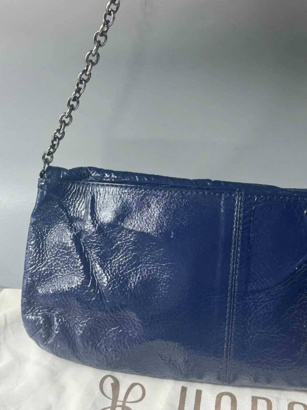 HOBO INTERNATIONAL Blue Patent Leather Envelope Hand Bag Purse Chain